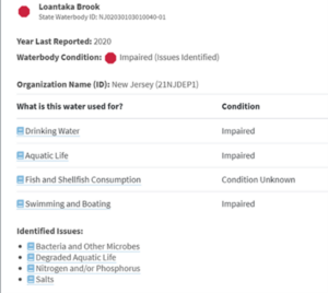 NJDEP 303d List standings for Loantaka Brook